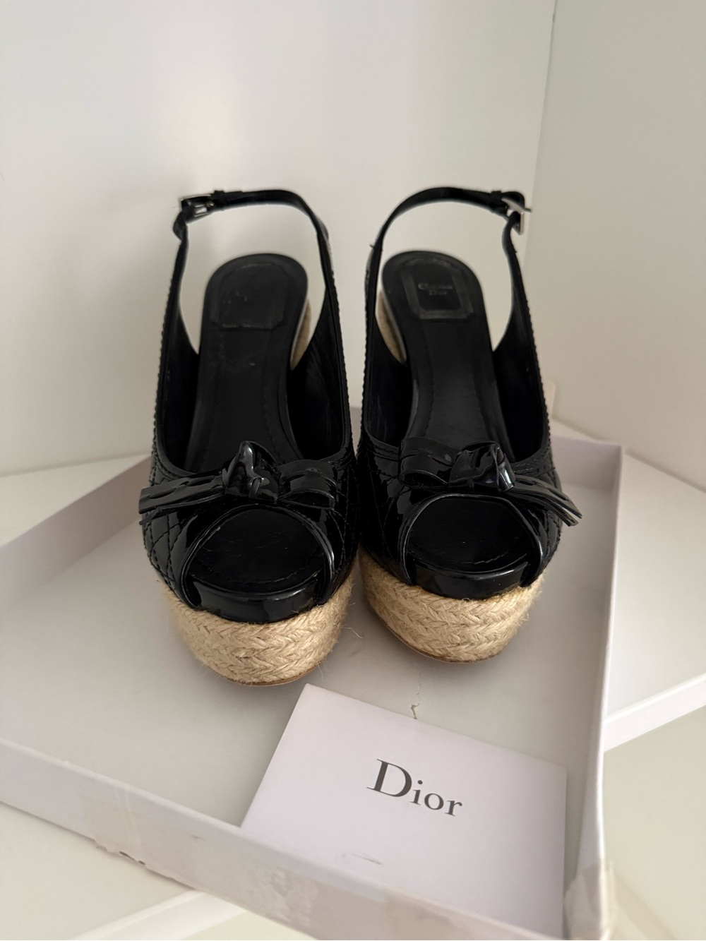 Dior Black Patent Espadrille Wedge Slingback Sandals Size 37